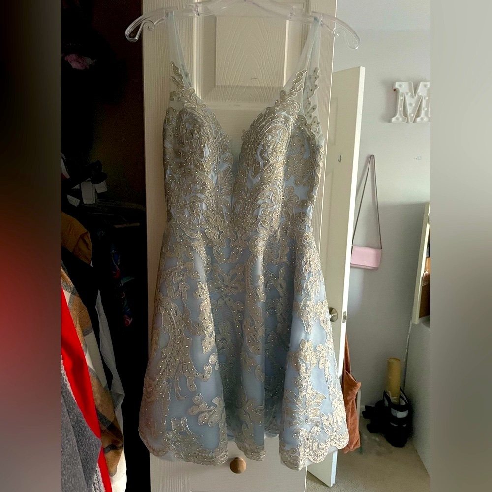 Silver and baby blue hoco dress iNtrigue couture